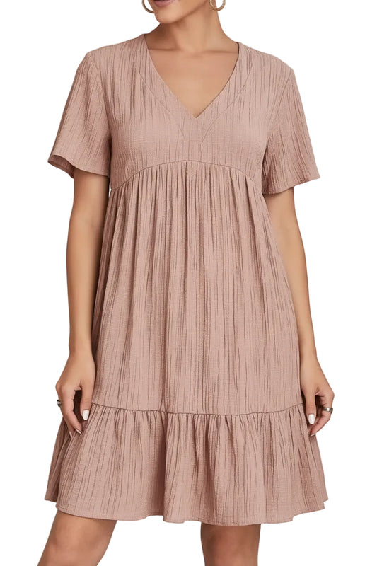 SaneShoppe - Women Elegant Short Sleeve V Neck Ruffles Dress Summer Casual Solid Loose Mini Dress Chic Bohemian Sundress Beach Party Vestidos