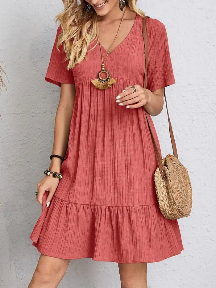 SaneShoppe - Women Elegant Short Sleeve V Neck Ruffles Dress Summer Casual Solid Loose Mini Dress Chic Bohemian Sundress Beach Party Vestidos