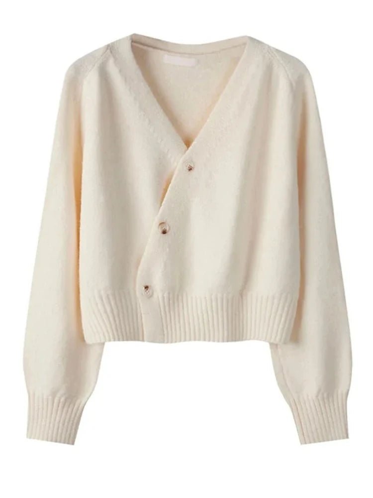 SaneShoppe - Women Knitted Long Sleeve Tops Autumn Winter Skew Button Cardigan V - neck Sweater Korean Loose Solid Cashmere Sweater for Woman