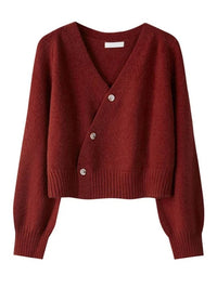 SaneShoppe - Women Knitted Long Sleeve Tops Autumn Winter Skew Button Cardigan V - neck Sweater Korean Loose Solid Cashmere Sweater for Woman