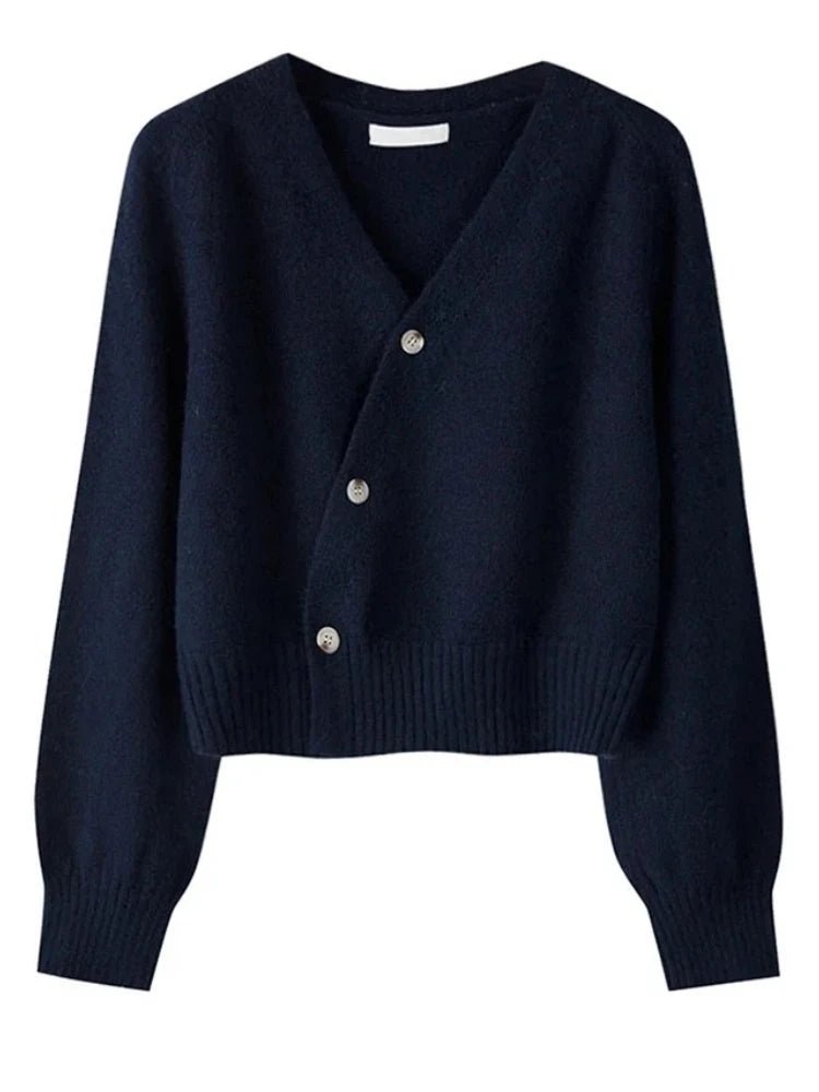 SaneShoppe - Women Knitted Long Sleeve Tops Autumn Winter Skew Button Cardigan V - neck Sweater Korean Loose Solid Cashmere Sweater for Woman