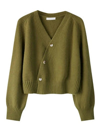 SaneShoppe - Women Knitted Long Sleeve Tops Autumn Winter Skew Button Cardigan V - neck Sweater Korean Loose Solid Cashmere Sweater for Woman