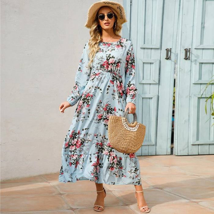 SaneShoppe - Women Maxi Dresses Sping Autumn Bohemian Casual Full Sleeve High Waist Beach Woman Chiffon Dresses Floral Vestidoes Long Dress