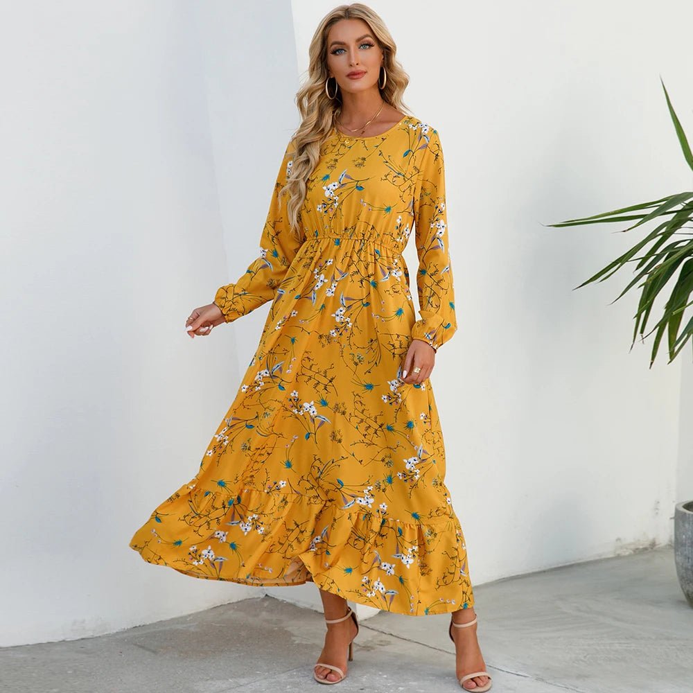SaneShoppe - Women Maxi Dresses Sping Autumn Bohemian Casual Full Sleeve High Waist Beach Woman Chiffon Dresses Floral Vestidoes Long Dress