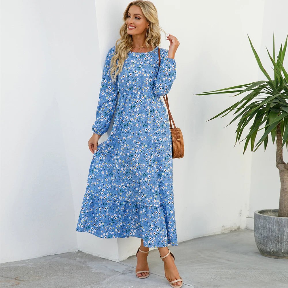 SaneShoppe - Women Maxi Dresses Sping Autumn Bohemian Casual Full Sleeve High Waist Beach Woman Chiffon Dresses Floral Vestidoes Long Dress
