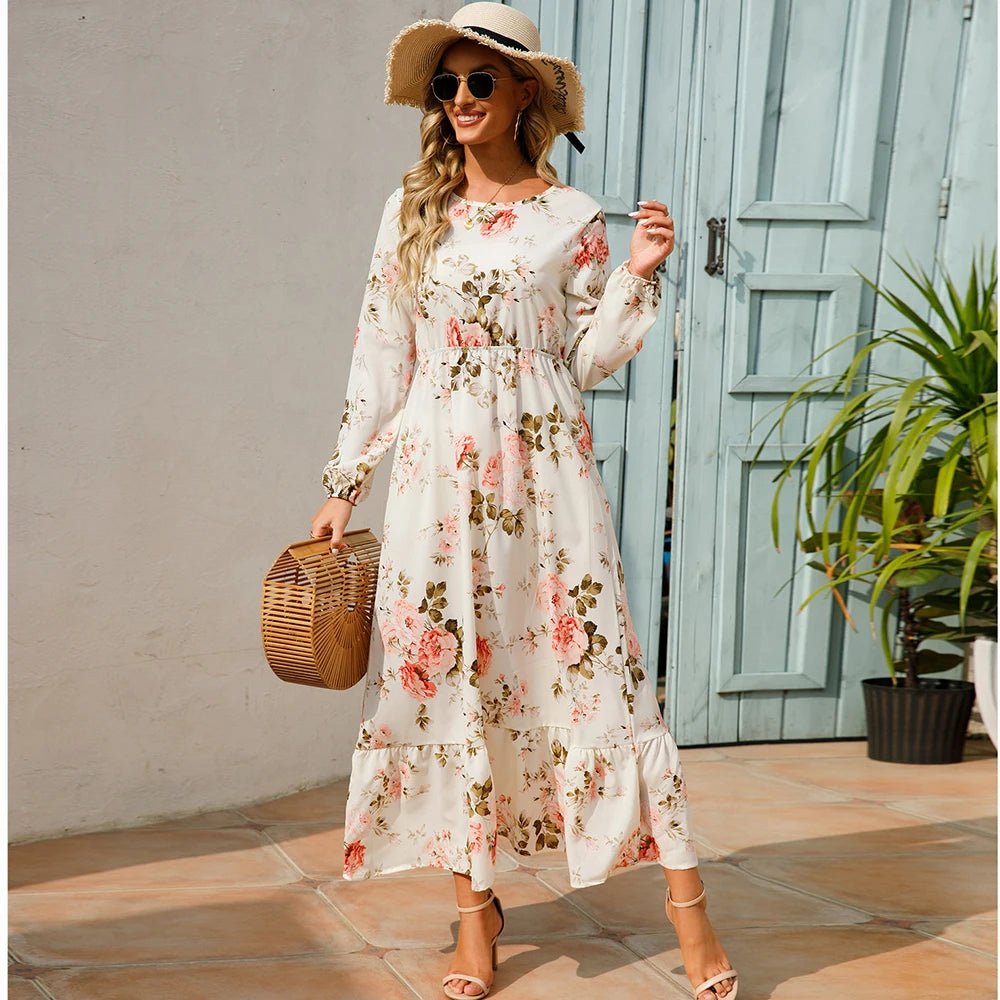 SaneShoppe - Women Maxi Dresses Sping Autumn Bohemian Casual Full Sleeve High Waist Beach Woman Chiffon Dresses Floral Vestidoes Long Dress