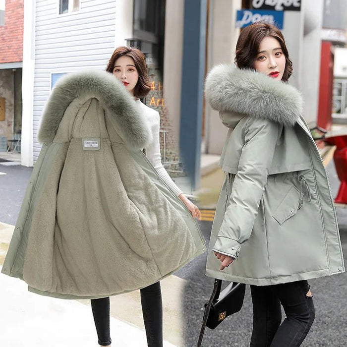 SaneShoppe - Women Parka Fashion Long Coat Wool Liner Hooded Parkas 2023 New Winter Jacket Slim with Fur Collar Warm Snow Wear Padded Clothes