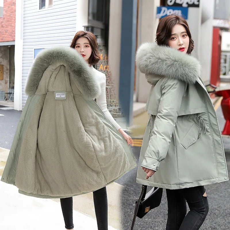 SaneShoppe - Women Parka Fashion Long Coat Wool Liner Hooded Parkas 2023 New Winter Jacket Slim with Fur Collar Warm Snow Wear Padded Clothes