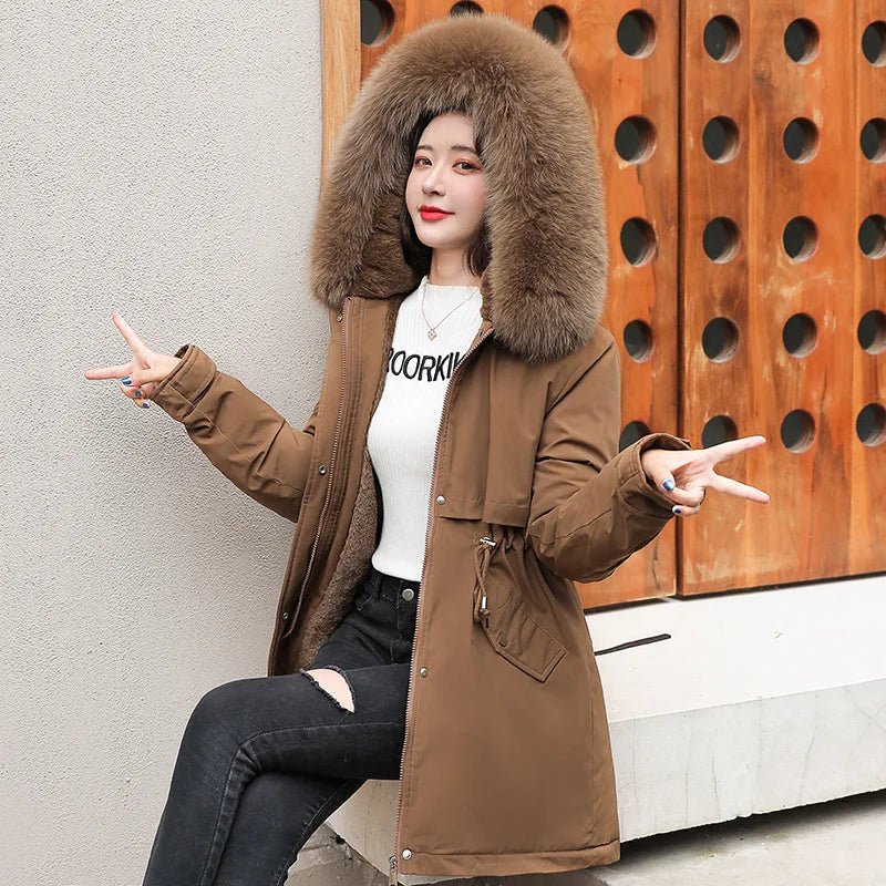 SaneShoppe - Women Parka Fashion Long Coat Wool Liner Hooded Parkas 2023 New Winter Jacket Slim with Fur Collar Warm Snow Wear Padded Clothes