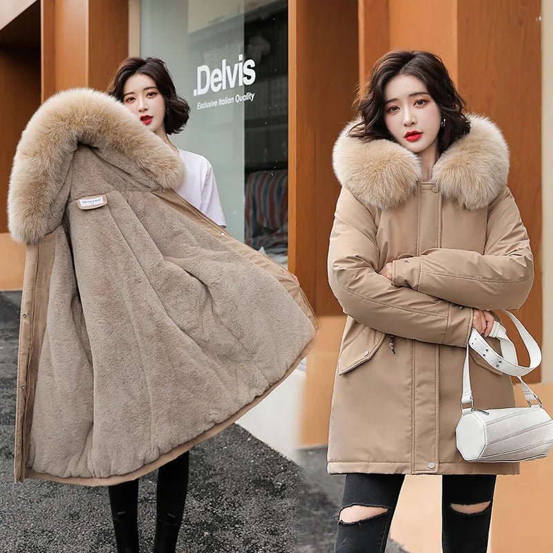 SaneShoppe - Women Parka Fashion Long Coat Wool Liner Hooded Parkas 2023 New Winter Jacket Slim with Fur Collar Warm Snow Wear Padded Clothes