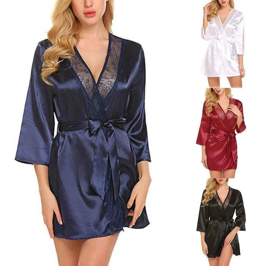 Women's Satin Kimono Robe with Lace - Bridal Wedding Wrap Nightgown Pajamas