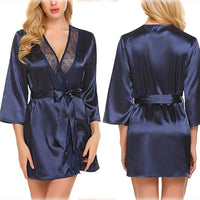 SaneShoppe - Women Satin Kimono Bathrobe Half Sleeve Lace Edge Bride Wedding Wrap Dressing Robes Nightgown Pajamas Ladies Home Clothes