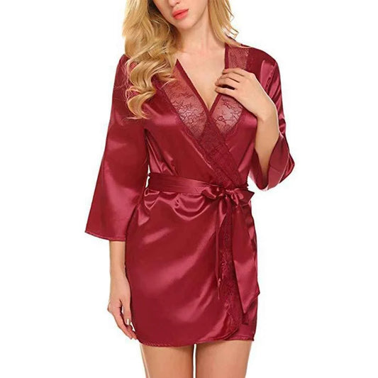 Women's Satin Kimono Robe with Lace - Bridal Wedding Wrap Nightgown Pajamas