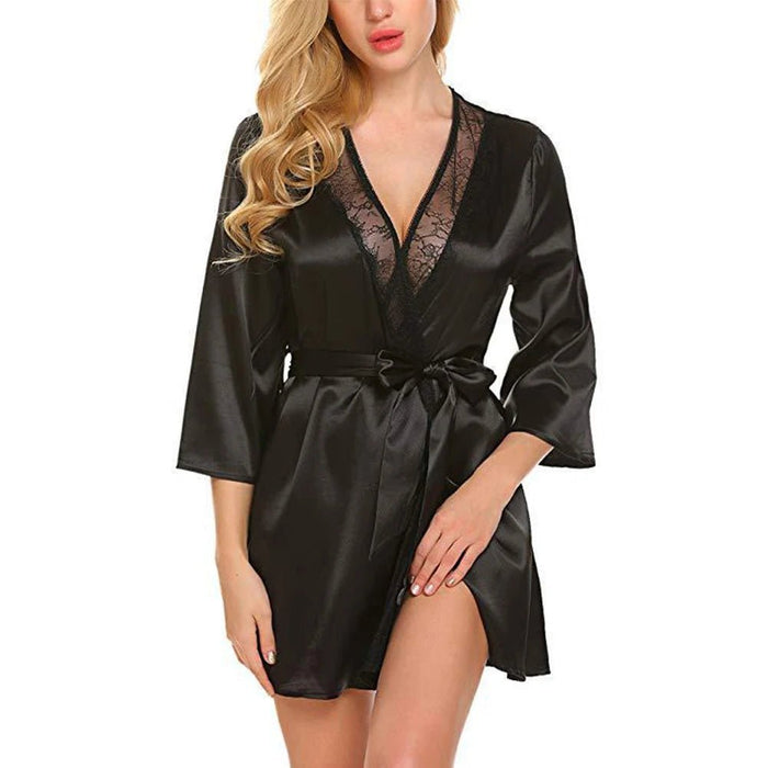 SaneShoppe - Women Satin Kimono Bathrobe Half Sleeve Lace Edge Bride Wedding Wrap Dressing Robes Nightgown Pajamas Ladies Home Clothes