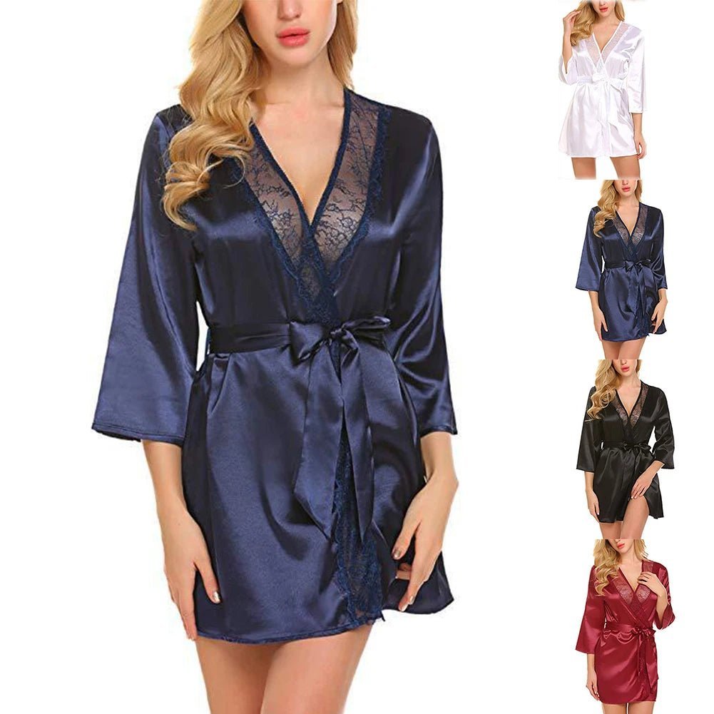SaneShoppe - Women Satin Kimono Bathrobe Half Sleeve Lace Edge Bride Wedding Wrap Dressing Robes Nightgown Pajamas Ladies Home Clothes