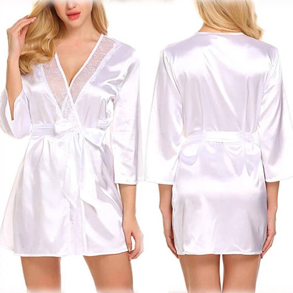 SaneShoppe - Women Satin Kimono Bathrobe Half Sleeve Lace Edge Bride Wedding Wrap Dressing Robes Nightgown Pajamas Ladies Home Clothes