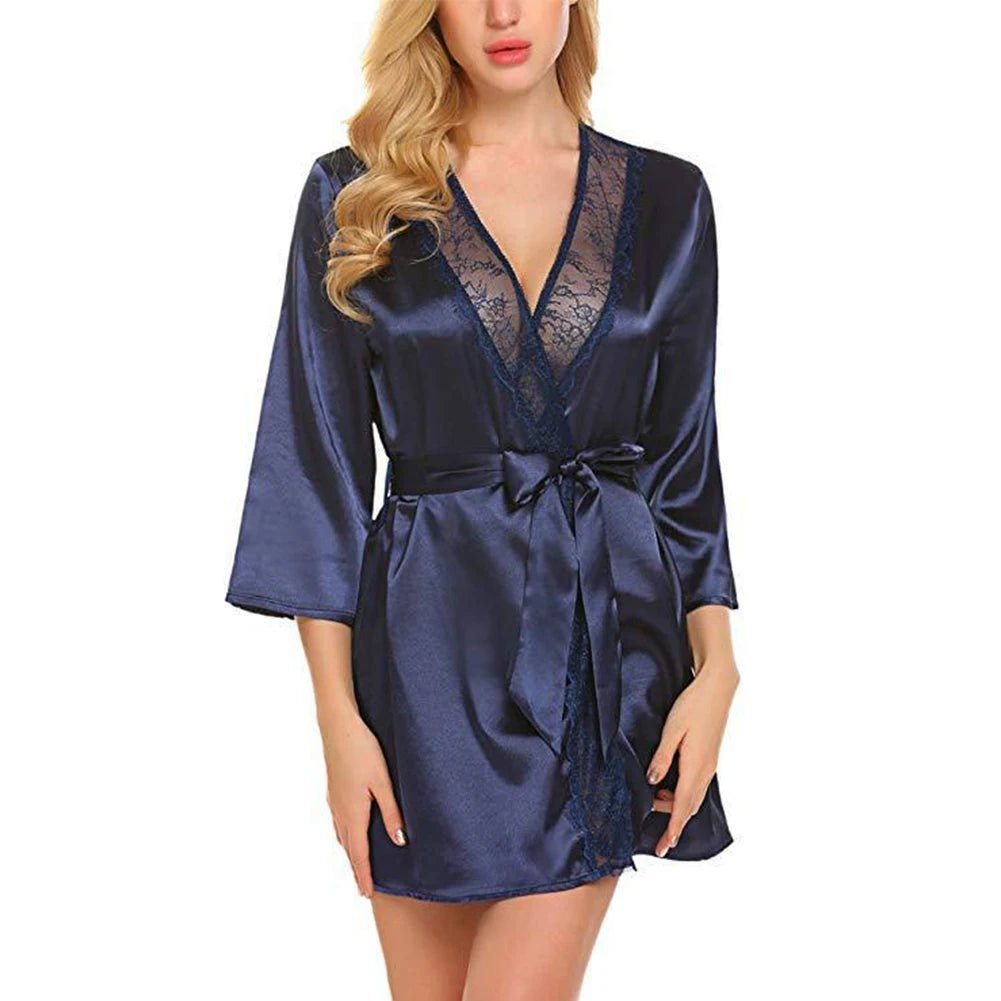 SaneShoppe - Women Satin Kimono Bathrobe Half Sleeve Lace Edge Bride Wedding Wrap Dressing Robes Nightgown Pajamas Ladies Home Clothes