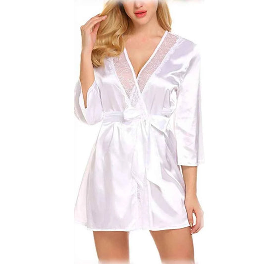 Women's Satin Kimono Robe with Lace - Bridal Wedding Wrap Nightgown Pajamas