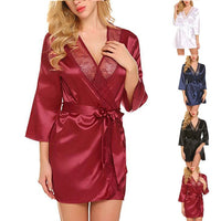 SaneShoppe - Women Satin Kimono Bathrobe Half Sleeve Lace Edge Bride Wedding Wrap Dressing Robes Nightgown Pajamas Ladies Home Clothes