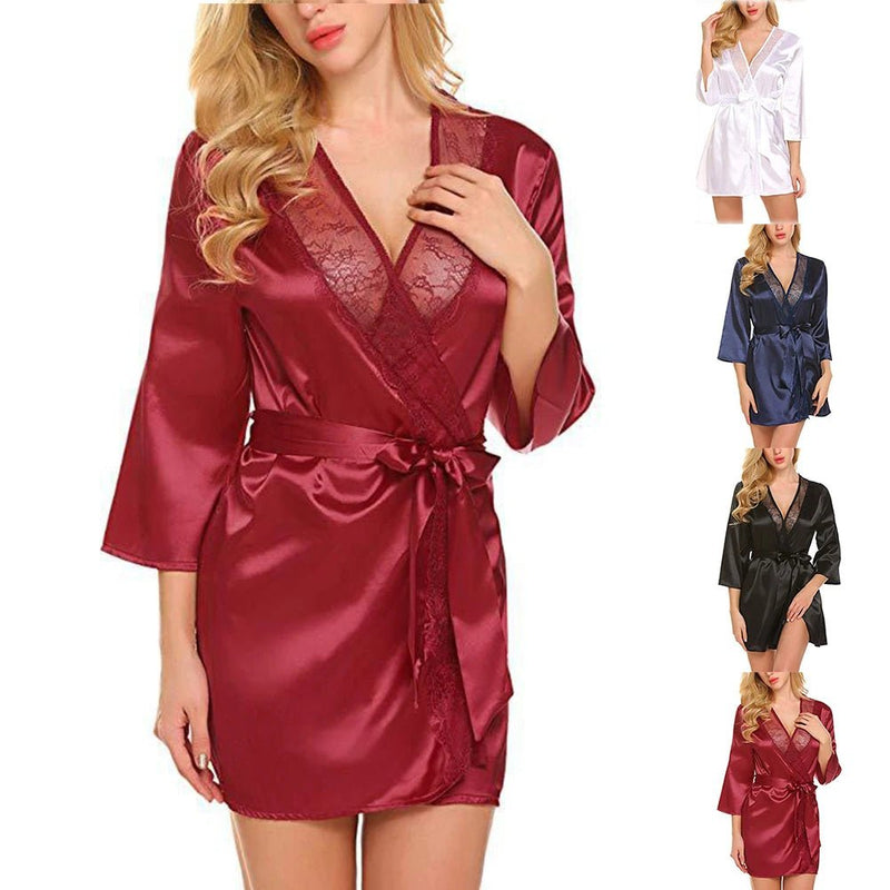 SaneShoppe - Women Satin Kimono Bathrobe Half Sleeve Lace Edge Bride Wedding Wrap Dressing Robes Nightgown Pajamas Ladies Home Clothes