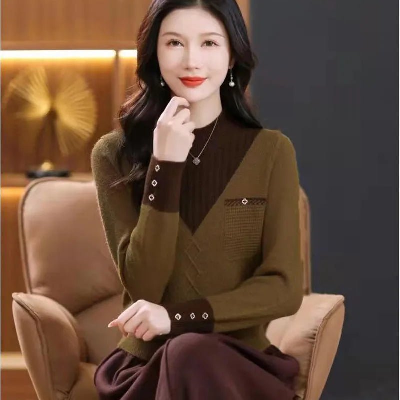 SaneShoppe - Women Sweater Pullover New Fashion Color Blocking Fake Two - Piece Knitted Sweater Jumpers Autumn Winter Femme Top Bottoming Shirt