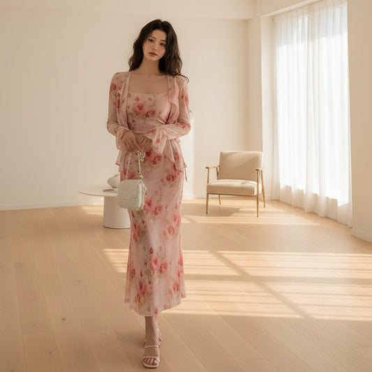 SaneShoppe - Women Vacation Clothes Sweet Floral Print 2 Piece Outfit Sexy Sling Slim Dress And Ruffled Tops Coat Set Suits Casual Autumn New