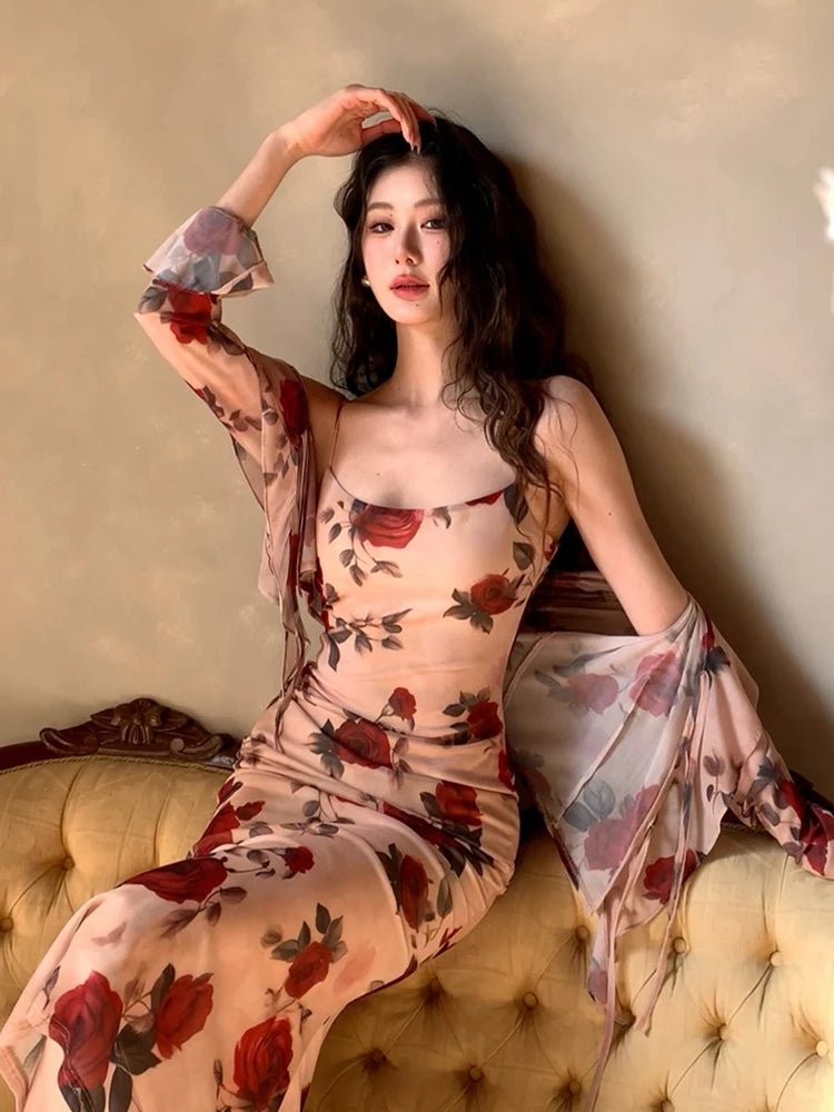 SaneShoppe - Women Vacation Clothes Sweet Floral Print 2 Piece Outfit Sexy Sling Slim Dress And Ruffled Tops Coat Set Suits Casual Autumn New