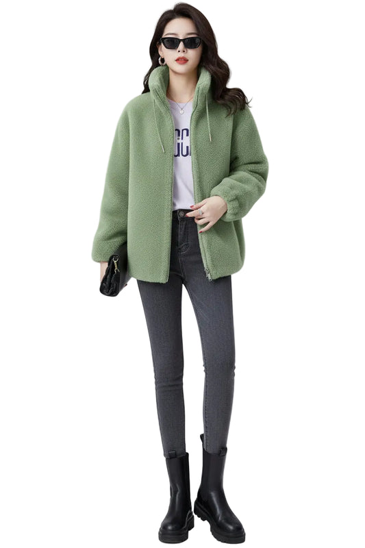 SaneShoppe-Winter Women's Plush Fleece Coat with Stand Collar, Casual Zipper Closure Long Sleeve Overcoat