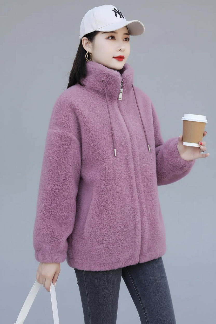 SaneShoppe-Winter Women's Plush Fleece Coat with Stand Collar, Casual Zipper Closure Long Sleeve Overcoat