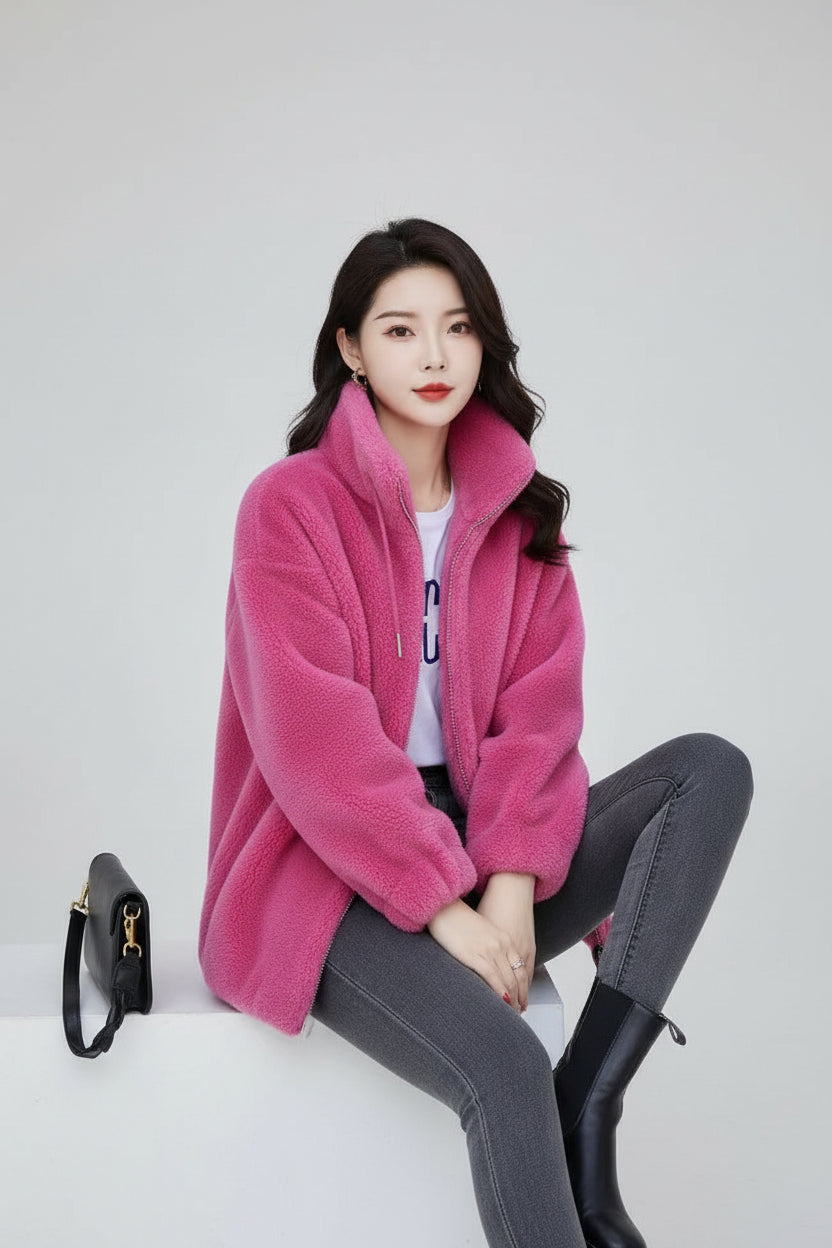 SaneShoppe-Winter Women's Plush Fleece Coat with Stand Collar, Casual Zipper Closure Long Sleeve Overcoat