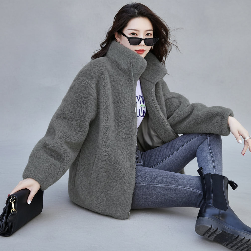 SaneShoppe-Winter Women's Plush Fleece Coat with Stand Collar, Casual Zipper Closure Long Sleeve Overcoat