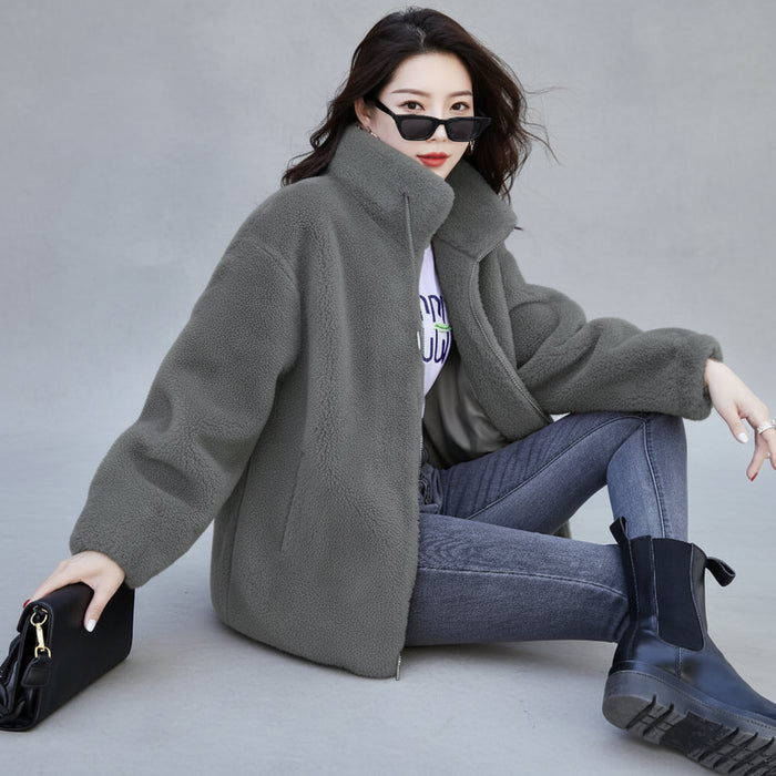 SaneShoppe-Winter Women's Plush Fleece Coat with Stand Collar, Casual Zipper Closure Long Sleeve Overcoat