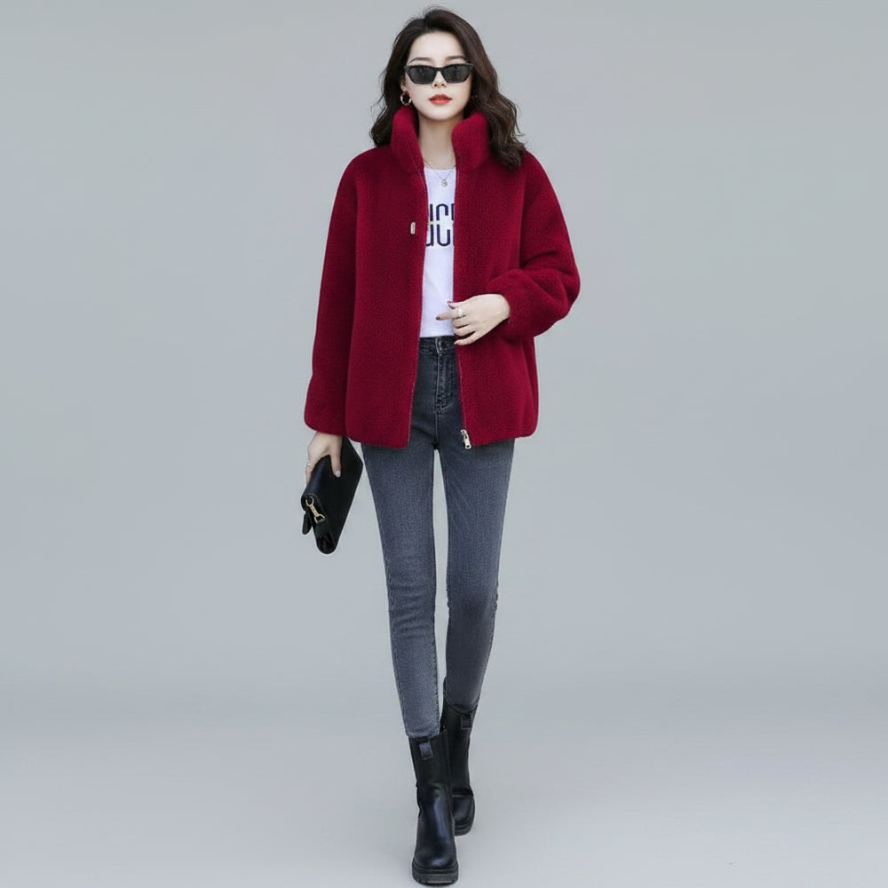 SaneShoppe-Winter Women's Plush Fleece Coat with Stand Collar, Casual Zipper Closure Long Sleeve Overcoat