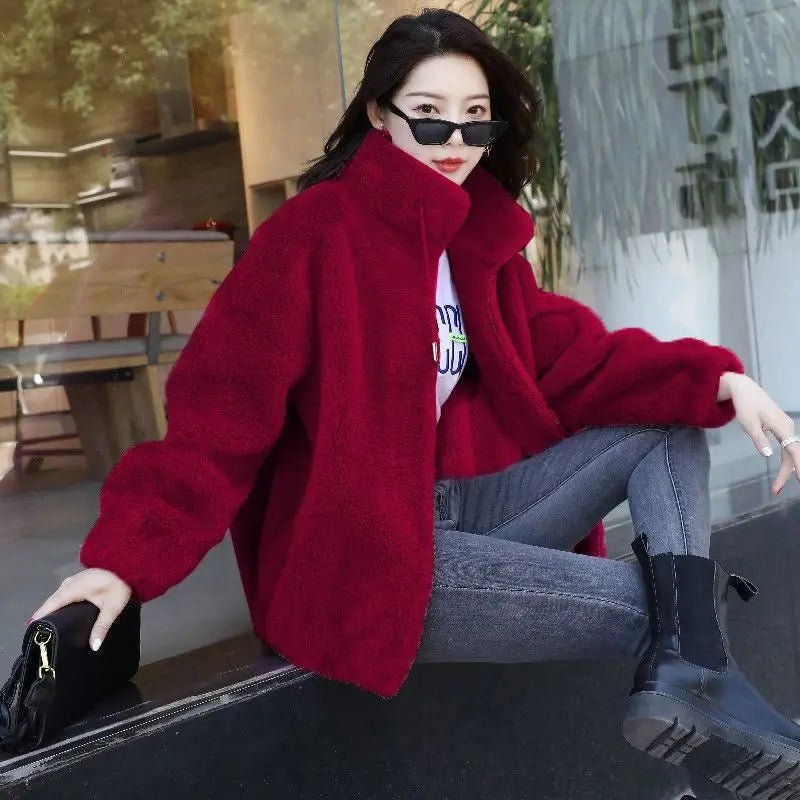 SaneShoppe - Women Winter Double Coral Fleece Warm Coat Stand Collar Plush Thick Overcoat Female Fashion Casual Long Sleeve Zipper Clothes