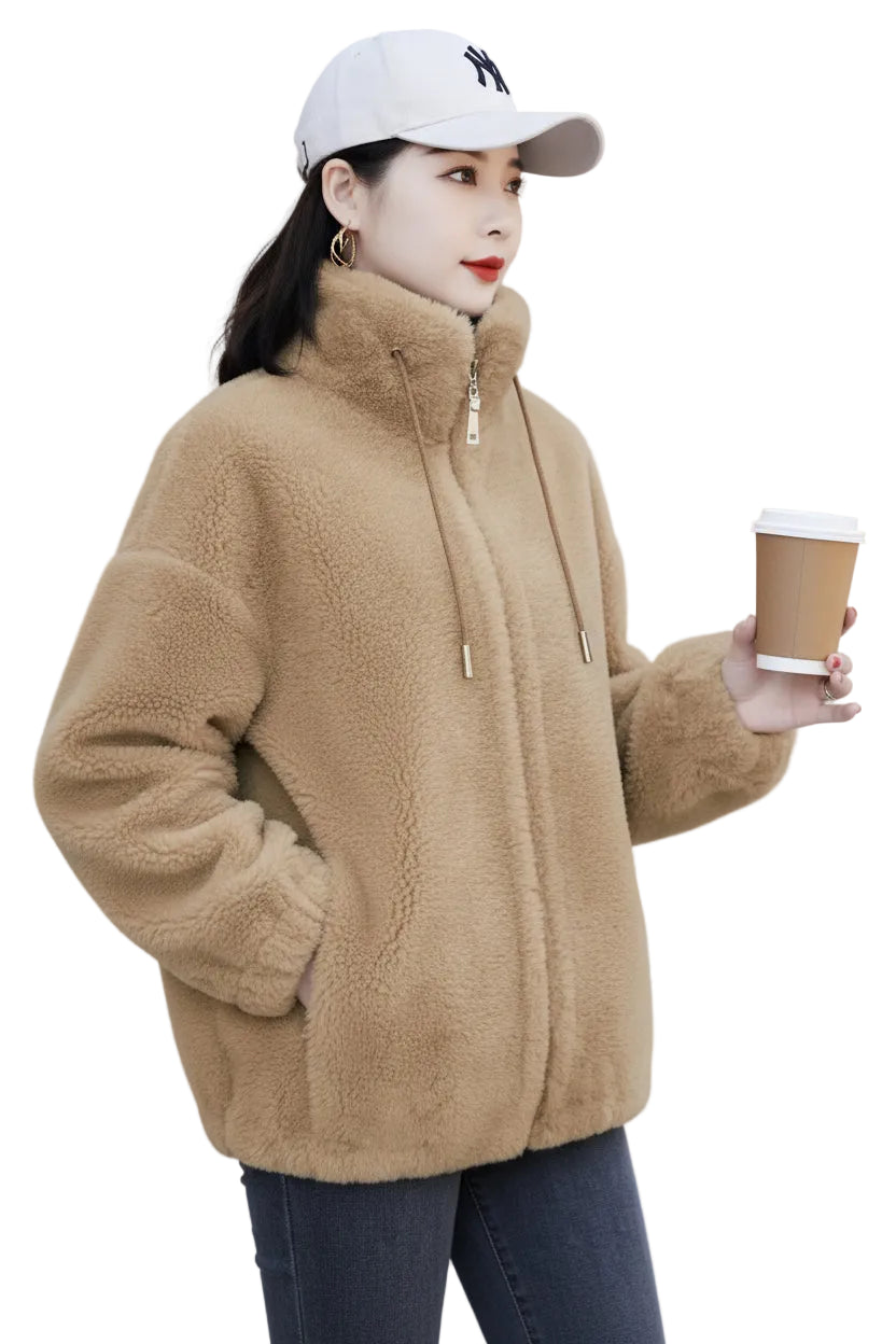 SaneShoppe-Winter Women's Plush Fleece Coat with Stand Collar, Casual Zipper Closure Long Sleeve Overcoat