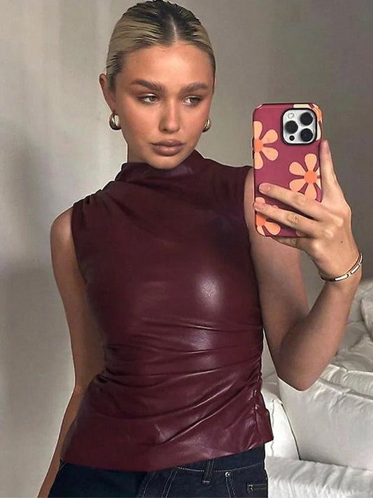 SaneShoppe - Women Y2K Vintage Pu Simple Basic Tank Top High Waist Skinny Shrunk Slash Cut Sleeveless Tops Versatile Noble Shirts