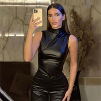 SaneShoppe - Women Y2K Vintage Pu Simple Basic Tank Top High Waist Skinny Shrunk Slash Cut Sleeveless Tops Versatile Noble Shirts
