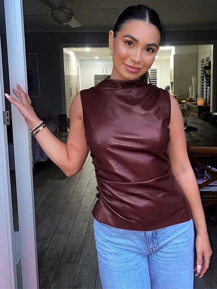 SaneShoppe - Women Y2K Vintage Pu Simple Basic Tank Top High Waist Skinny Shrunk Slash Cut Sleeveless Tops Versatile Noble Shirts
