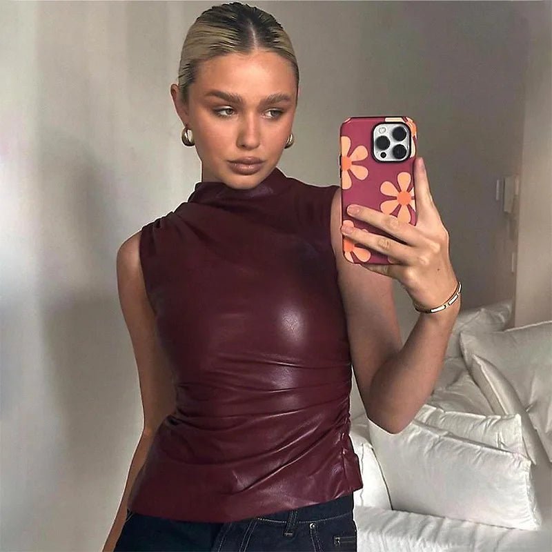 SaneShoppe - Women Y2K Vintage Pu Simple Basic Tank Top High Waist Skinny Shrunk Slash Cut Sleeveless Tops Versatile Noble Shirts