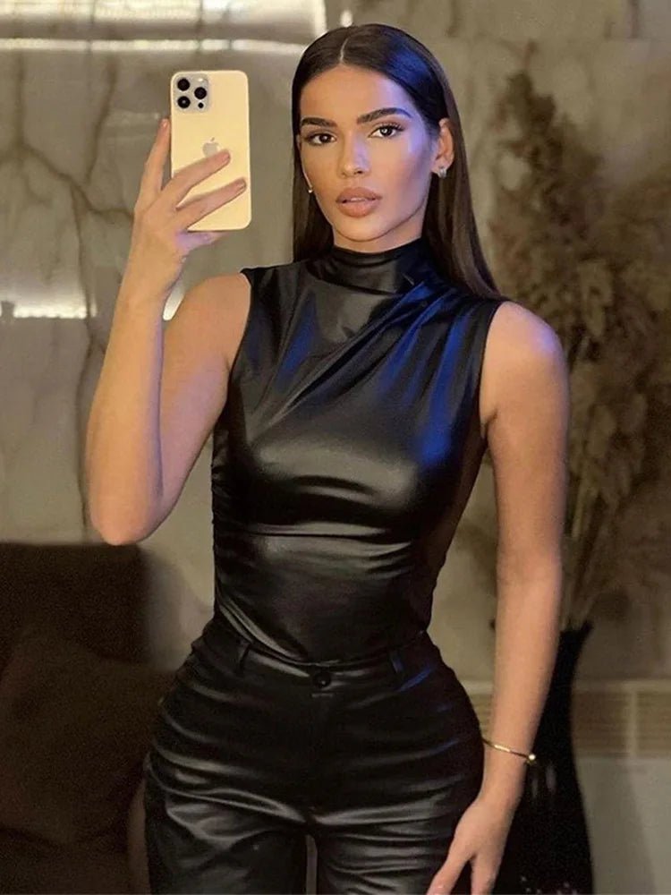 SaneShoppe - Women Y2K Vintage Pu Simple Basic Tank Top High Waist Skinny Shrunk Slash Cut Sleeveless Tops Versatile Noble Shirts