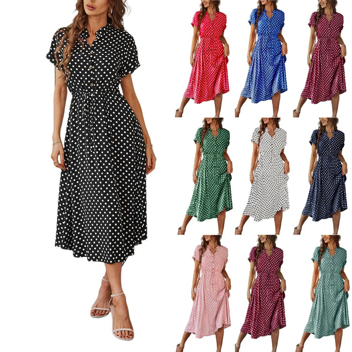 SaneShoppe - Women'S Button Printed Maxi Dress Drawstring Waist V - Neck Elegant Slim Casual Long Dress Summer Club Party Prom Dress