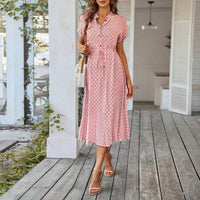 SaneShoppe - Women'S Button Printed Maxi Dress Drawstring Waist V - Neck Elegant Slim Casual Long Dress Summer Club Party Prom Dress