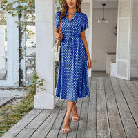 SaneShoppe - Women'S Button Printed Maxi Dress Drawstring Waist V - Neck Elegant Slim Casual Long Dress Summer Club Party Prom Dress