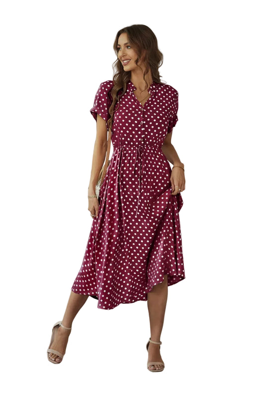 SaneShoppe - Women'S Button Printed Maxi Dress Drawstring Waist V - Neck Elegant Slim Casual Long Dress Summer Club Party Prom Dress