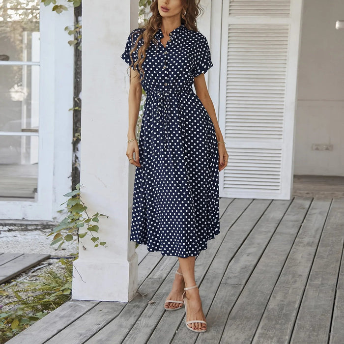 SaneShoppe - Women'S Button Printed Maxi Dress Drawstring Waist V - Neck Elegant Slim Casual Long Dress Summer Club Party Prom Dress