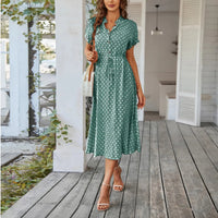 SaneShoppe - Women'S Button Printed Maxi Dress Drawstring Waist V - Neck Elegant Slim Casual Long Dress Summer Club Party Prom Dress