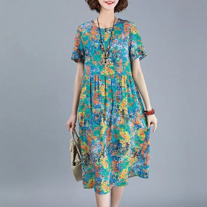SaneShoppe-Vintage Folk Hand-Painted Spliced Midi Dress for Women - Summer Casual Loose Fit Round Neck