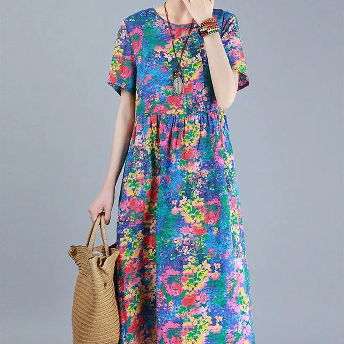 SaneShoppe - Women's Clothing Vintage Folk Hand - Painted Spliced Midi Dress Summer Short Sleeve Casual Folds Loose Commute Round Neck Dresses