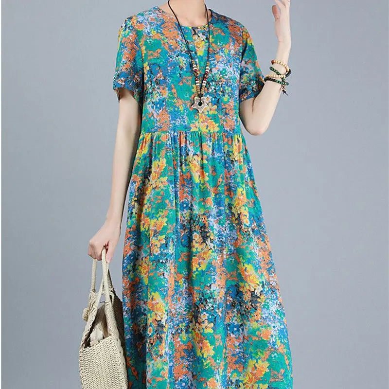 SaneShoppe-Vintage Folk Hand-Painted Spliced Midi Dress for Women - Summer Casual Loose Fit Round Neck
