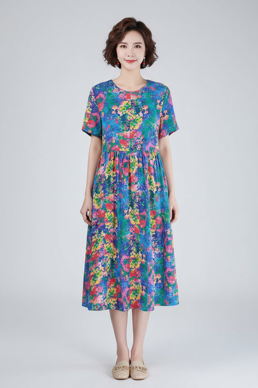SaneShoppe-Vintage Folk Hand-Painted Spliced Midi Dress for Women - Summer Casual Loose Fit Round Neck